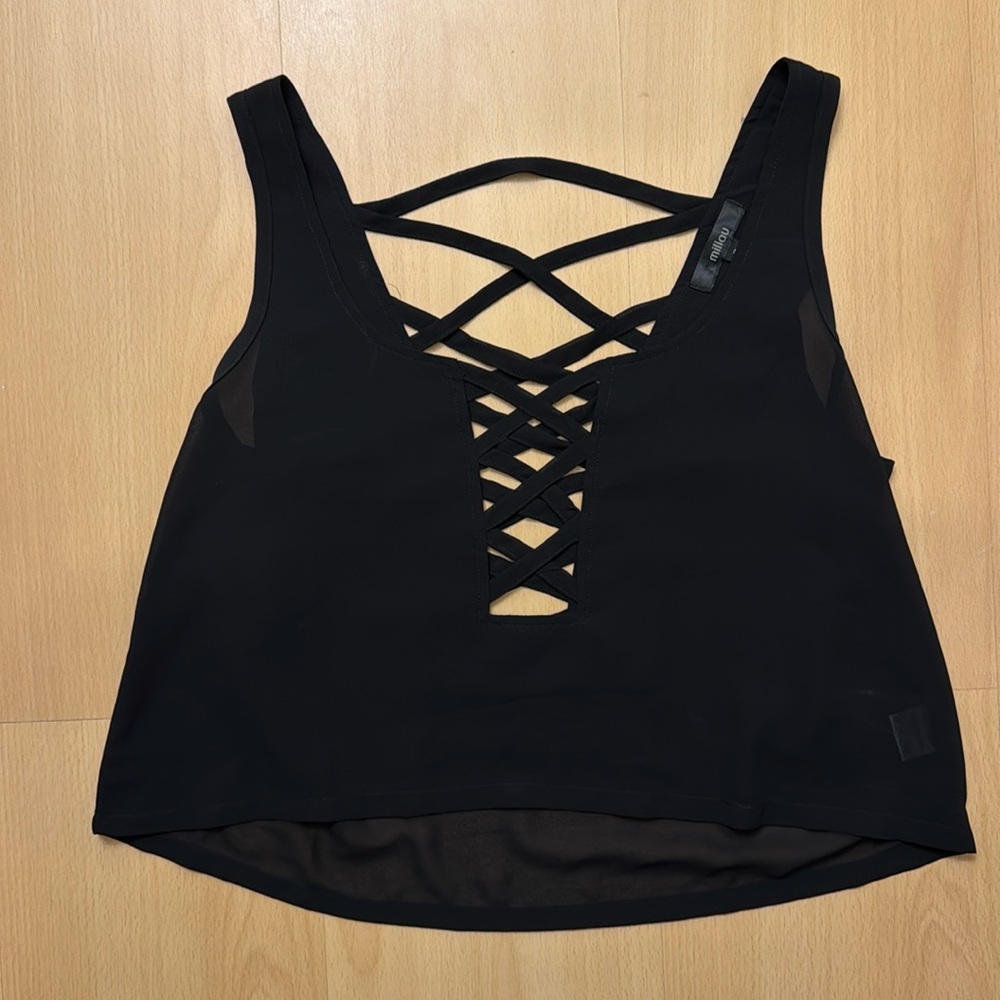 Black Crop Top with faux Lace-Up Detail